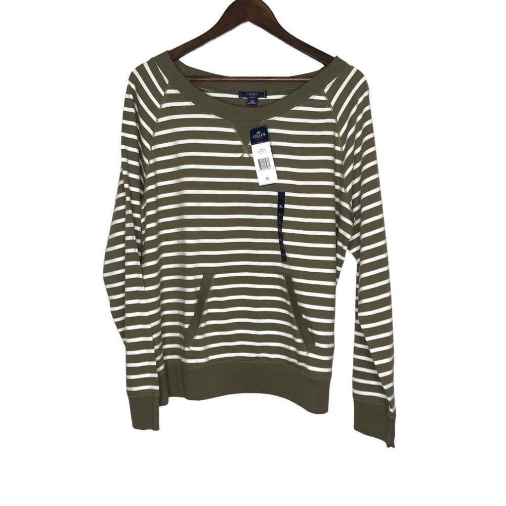 Chaps Denim NWT Green And White Striped Sweatshirt Size XL 100% Cotton
